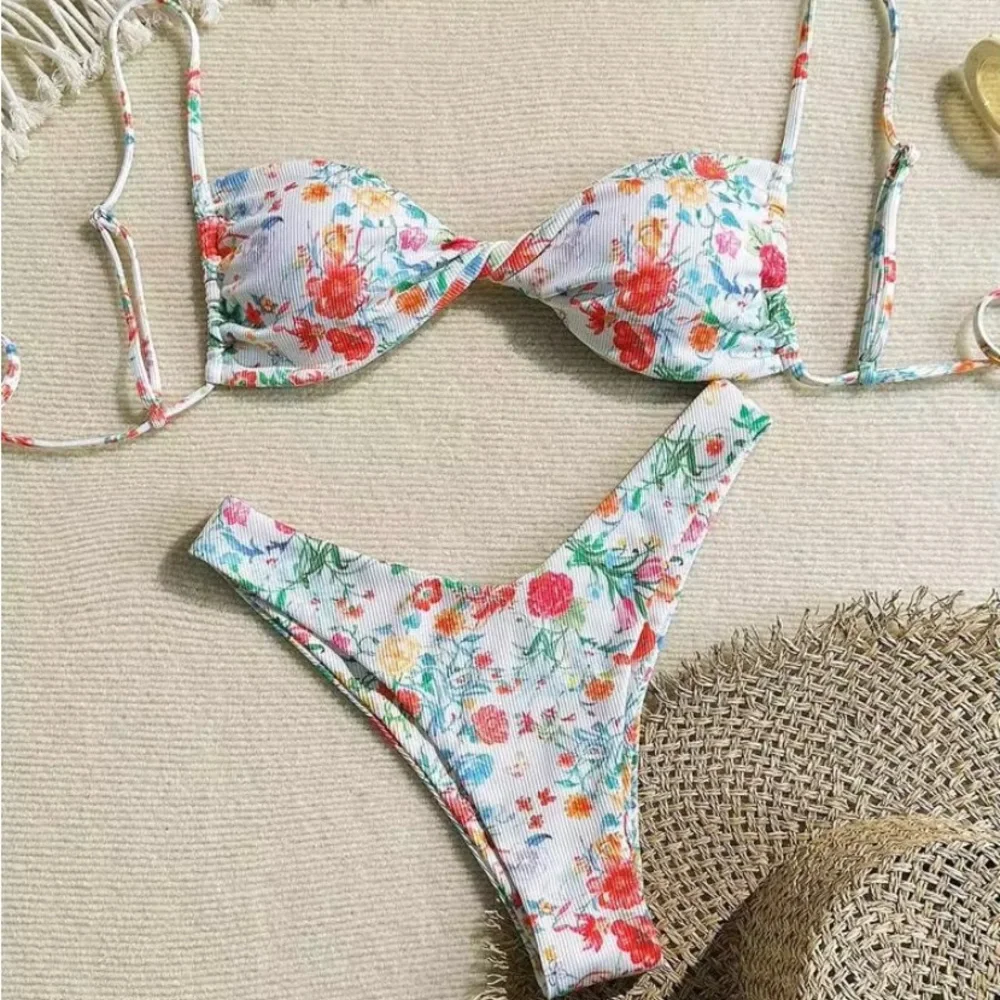 Floral Print White & Coral Women's Bikini Set. NWOT